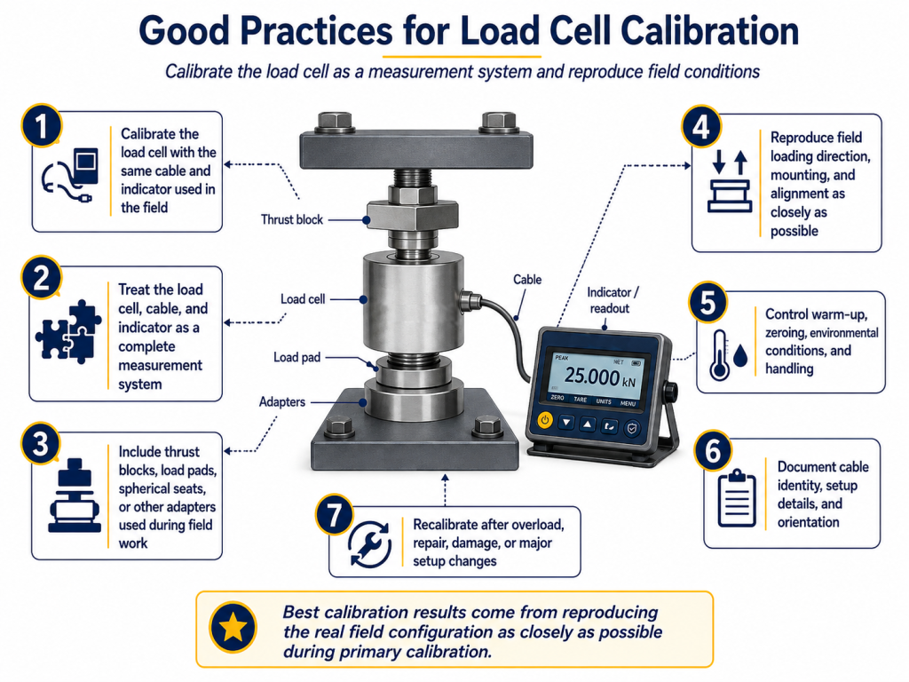 : Load cell calibration best practices showing the load cell, indicator, cable, thrust block, load pad, and adapters.