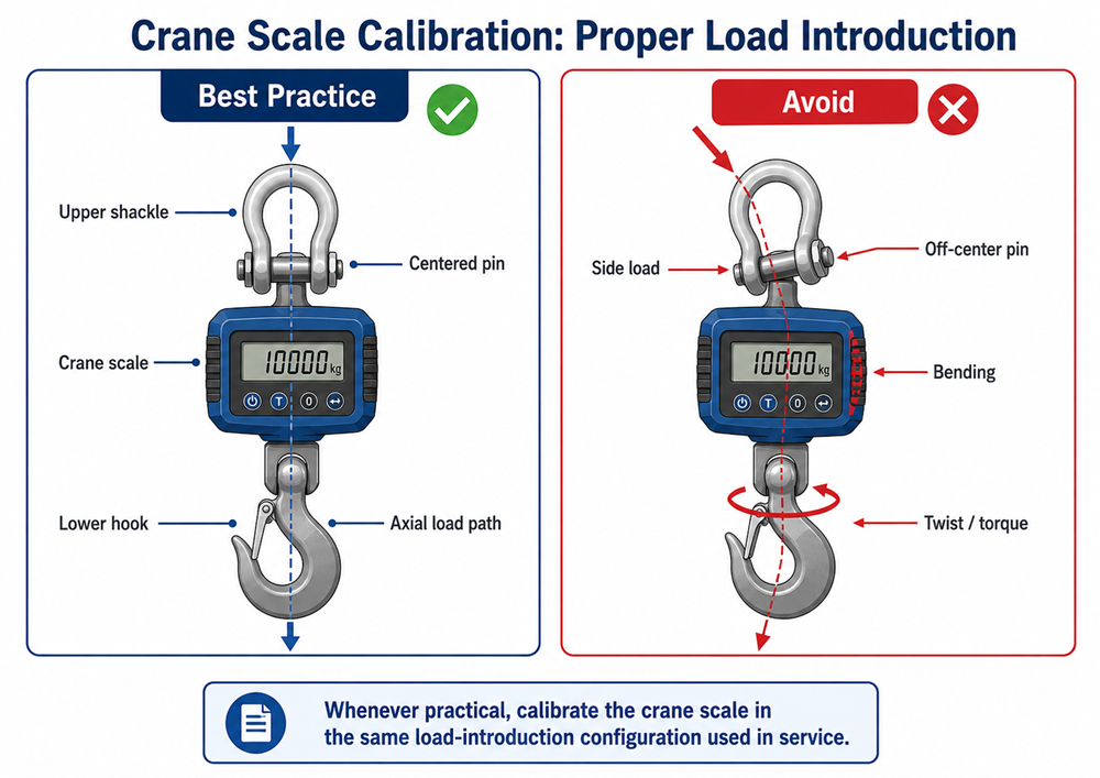 Crane scale calibration showing correct axial load alignment versus side loading, bending, off-center pin contact, and torque.
