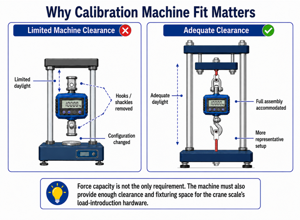 Crane scale calibration machine comparison showing limited clearance versus adequate space for the full hook and shackle assembly.