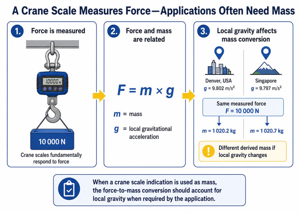 Crane scale force-to-mass conversion showing F = m × g and how local gravity affects the calculated mass.