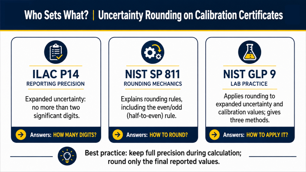 Comparison of ILAC P14, NIST SP 811, and NIST GLP 9 guidance for rounding measurement uncertainty on calibration certificates.