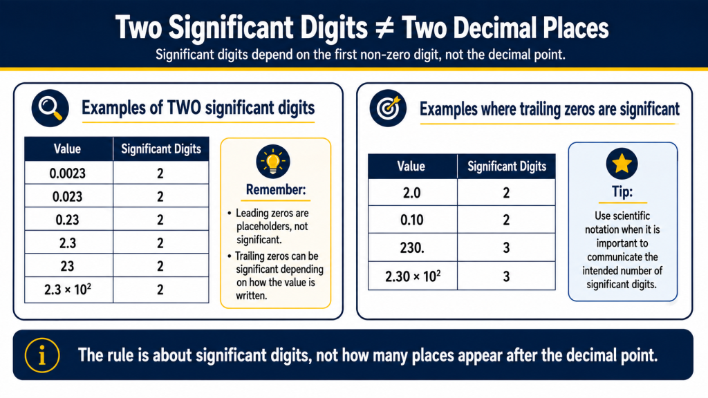 Examples showing that two significant digits are not the same as two decimal places when reporting calibration uncertainty.