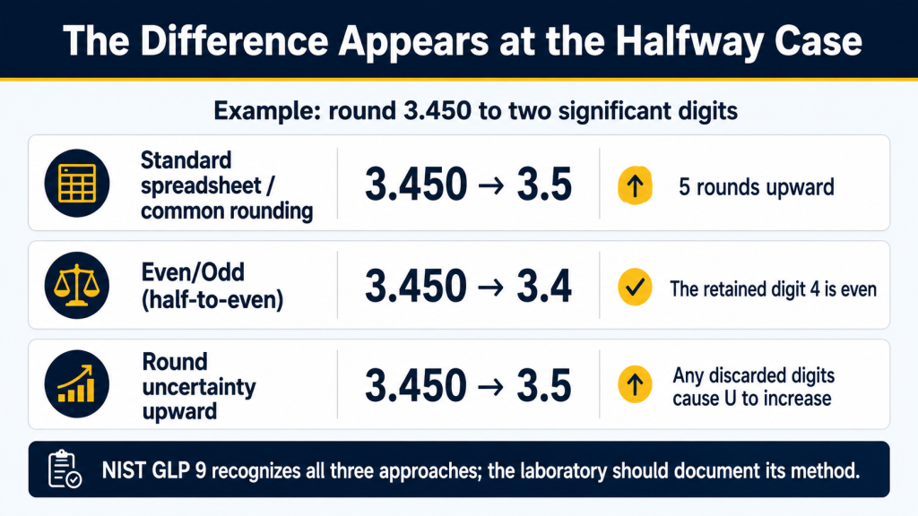 Comparison of common rounding, even-odd rounding, and conservative upward rounding for calibration uncertainty values.