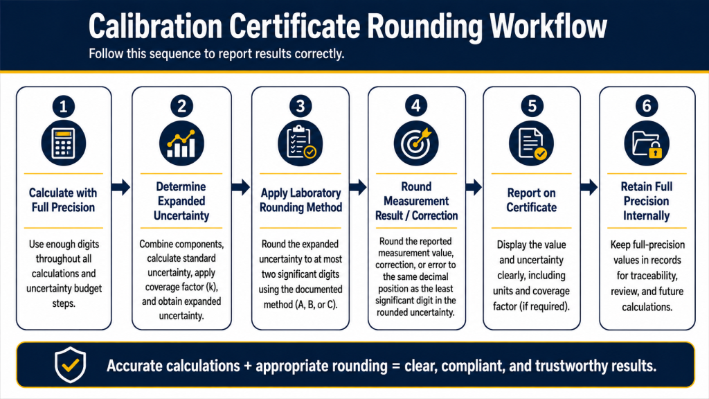 Calibration certificate rounding workflow from full-precision calculations to rounded uncertainty and final reported measurement results.