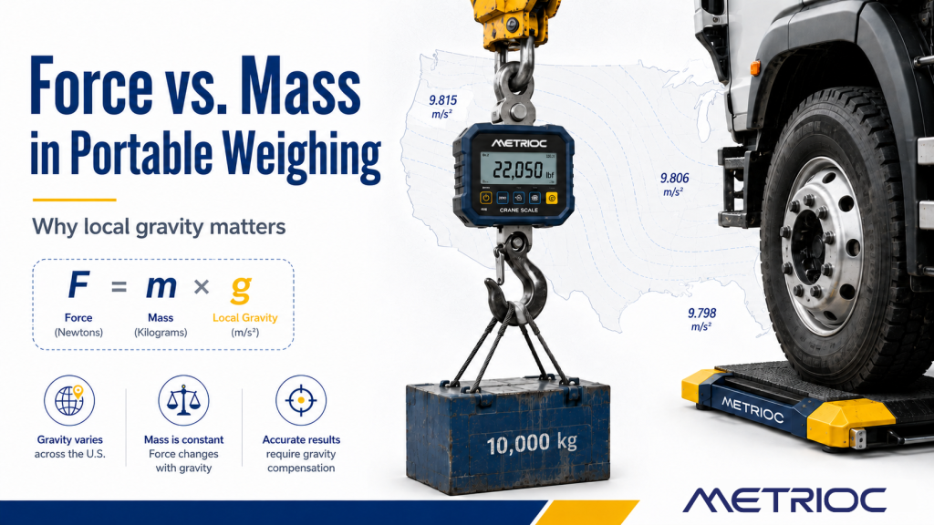 Force vs. mass in portable weighing showing a crane scale, wheel-load weigher, local gravity values, and the relationship F = m × g
