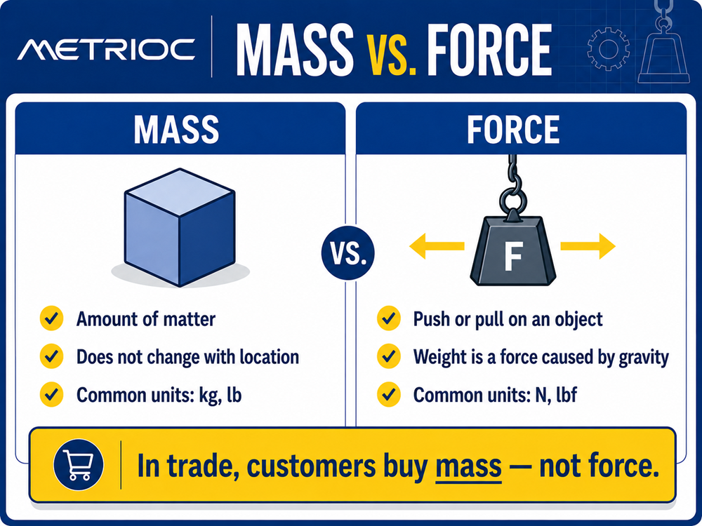Mass vs. force comparison showing mass as an amount of matter measured in kg or lb and force as a push or pull measured in N or lbf