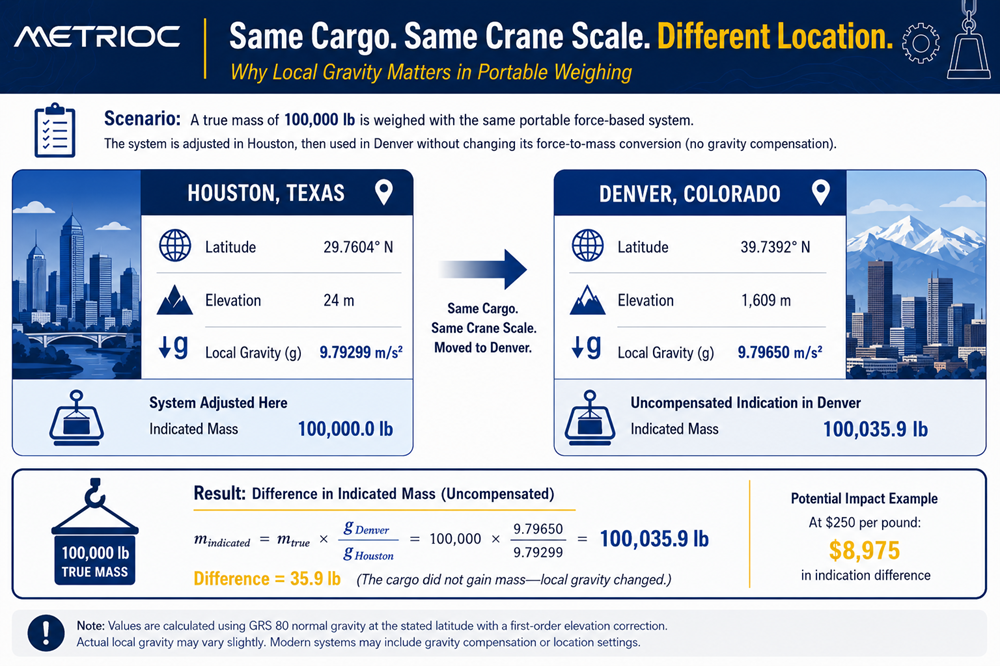 Houston vs. Denver local gravity comparison showing a 100,000 lb load and a 35.9 lb difference in uncompensated indicated mass