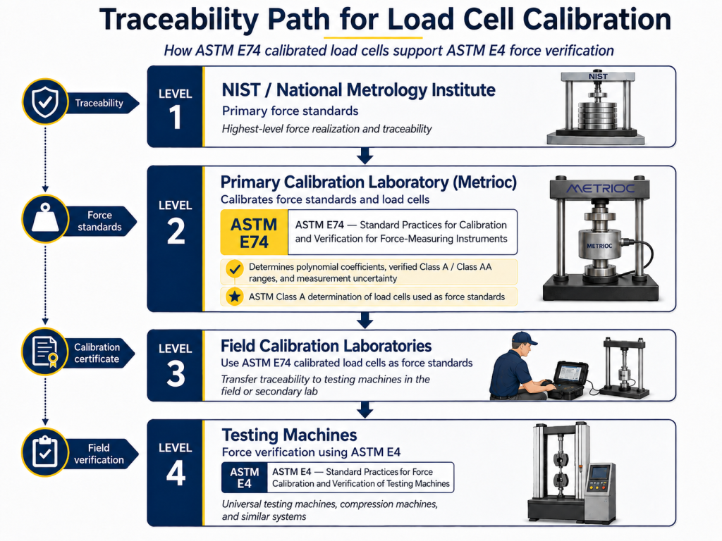 Force calibration traceability chain from national standards through ASTM E74 load cells to ASTM E4 testing-machine verification.