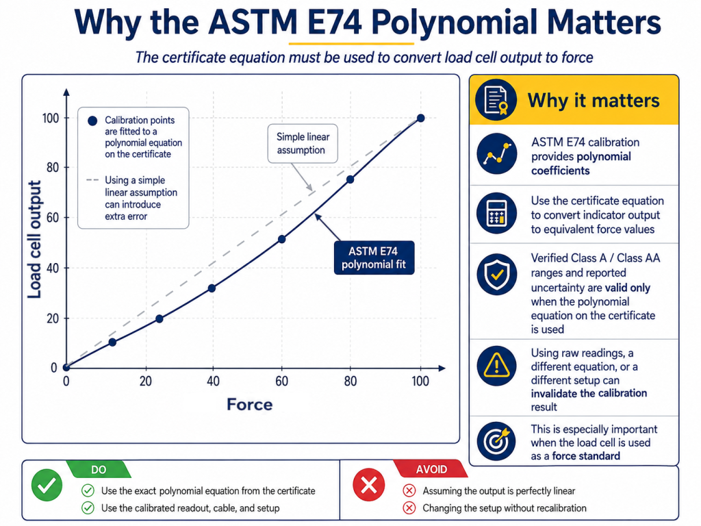 ASTM E74 polynomial calibration curve converting load cell output into equivalent force values.