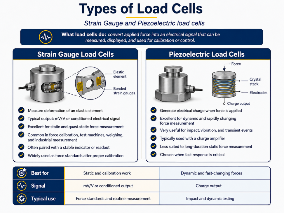 Comparison of strain gauge and piezoelectric load cells for static and dynamic force measurement.